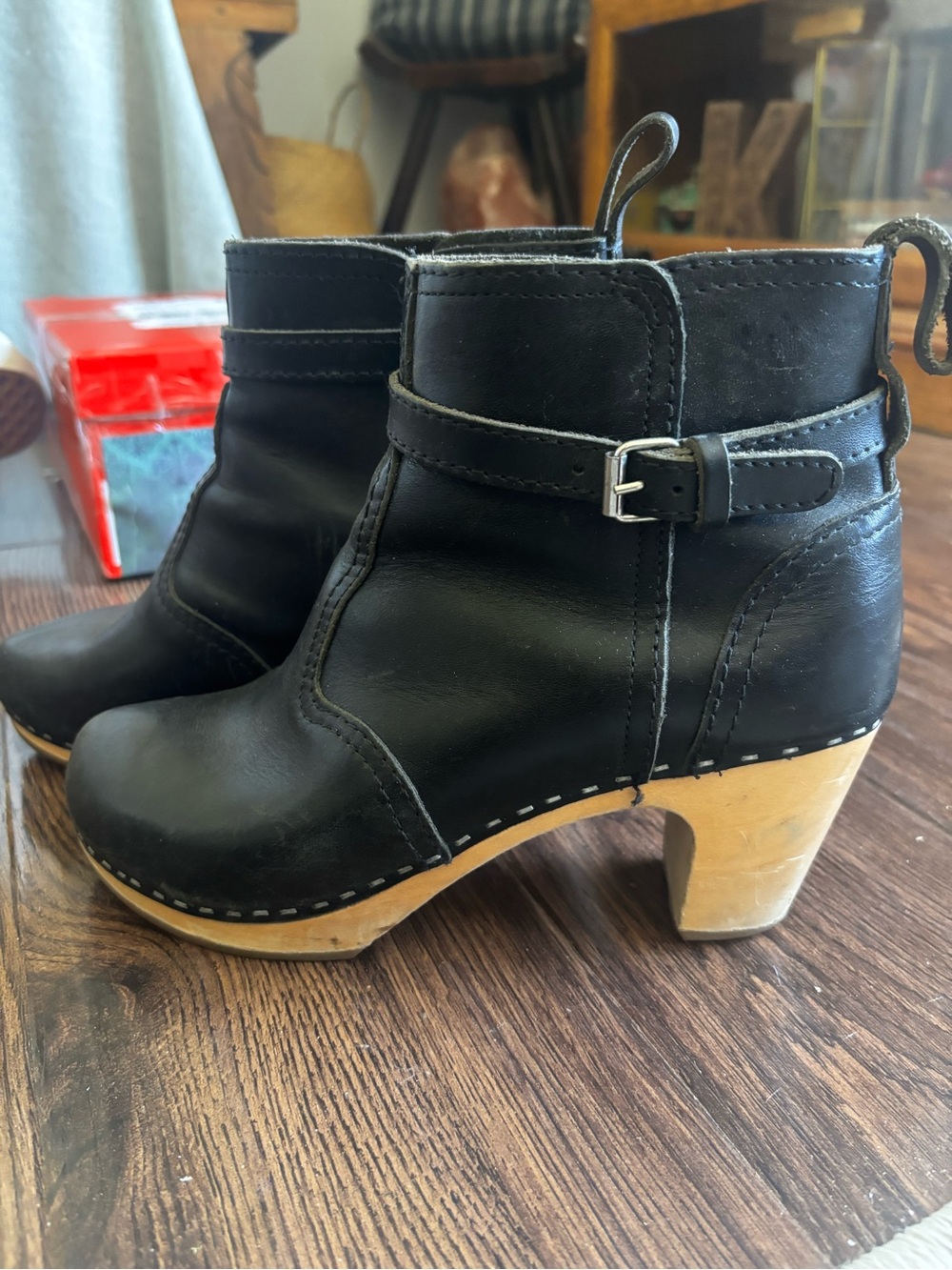 Swedish Hasbeens Black Leather Clog Ankle Boots